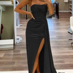 Mermaid Strapless Satin Long Prom Dresses With Split